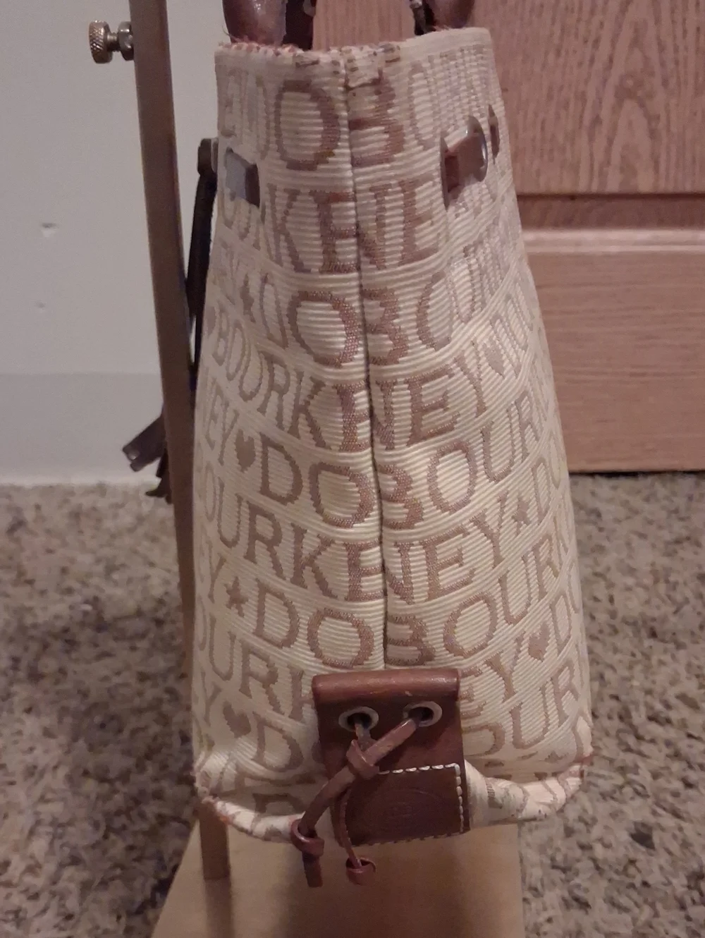 Dooney & Bourke Beige Logo Canvas Tote with Brown Leather Handles